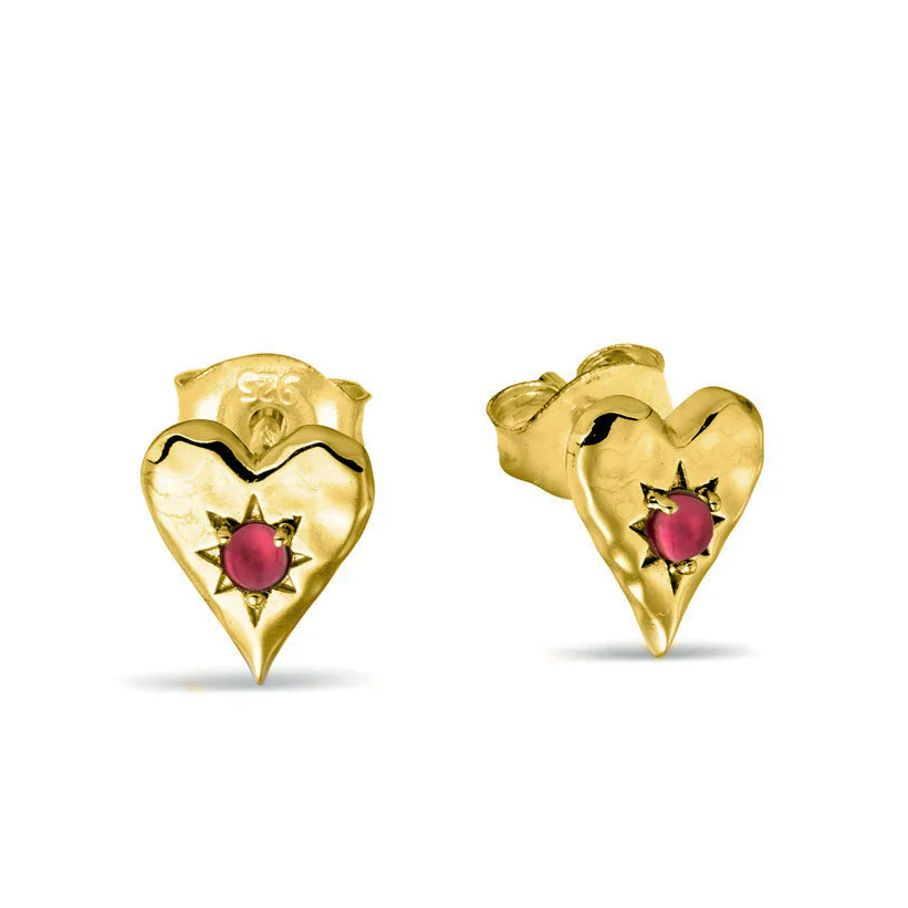 Love Heart Garnet Studs - Gold