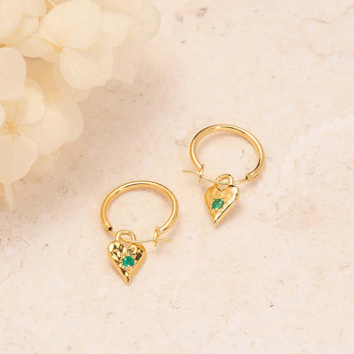 Love Heart Green Onyx Hoops - Gold - Image 3