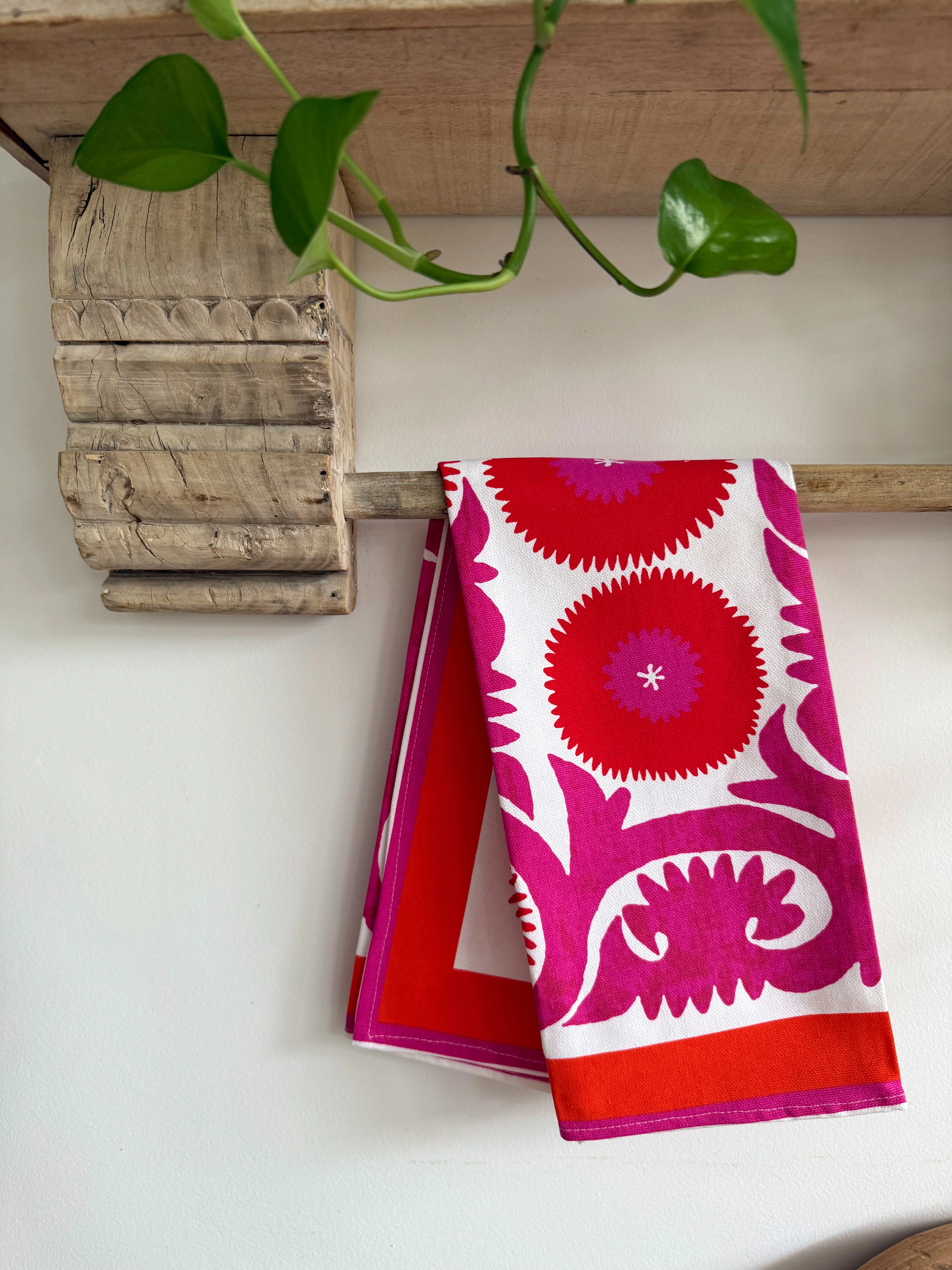 New Tea Towel – Pink & Orange Suzani