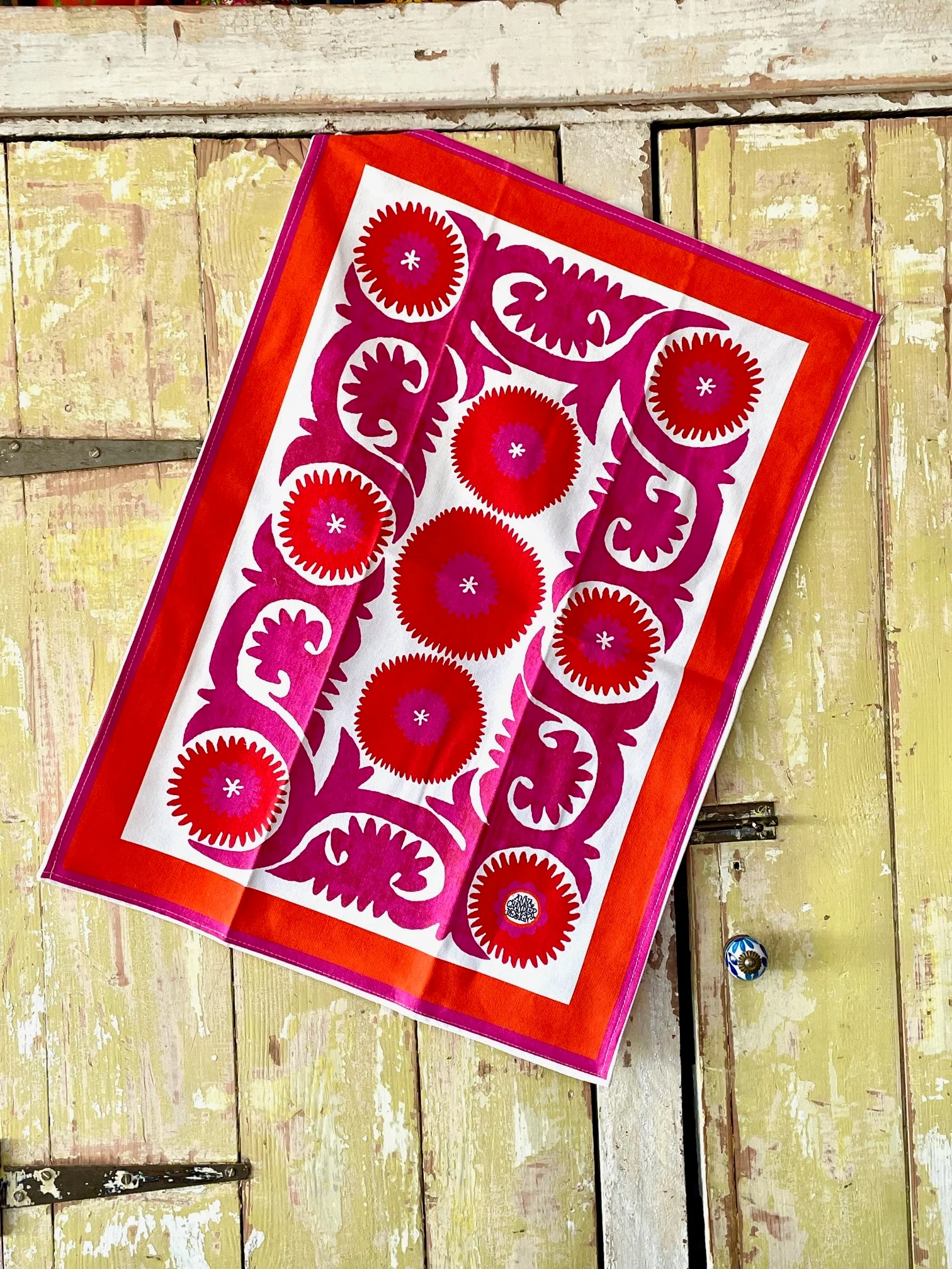 New Tea Towel – Pink & Orange Suzani - Image 3
