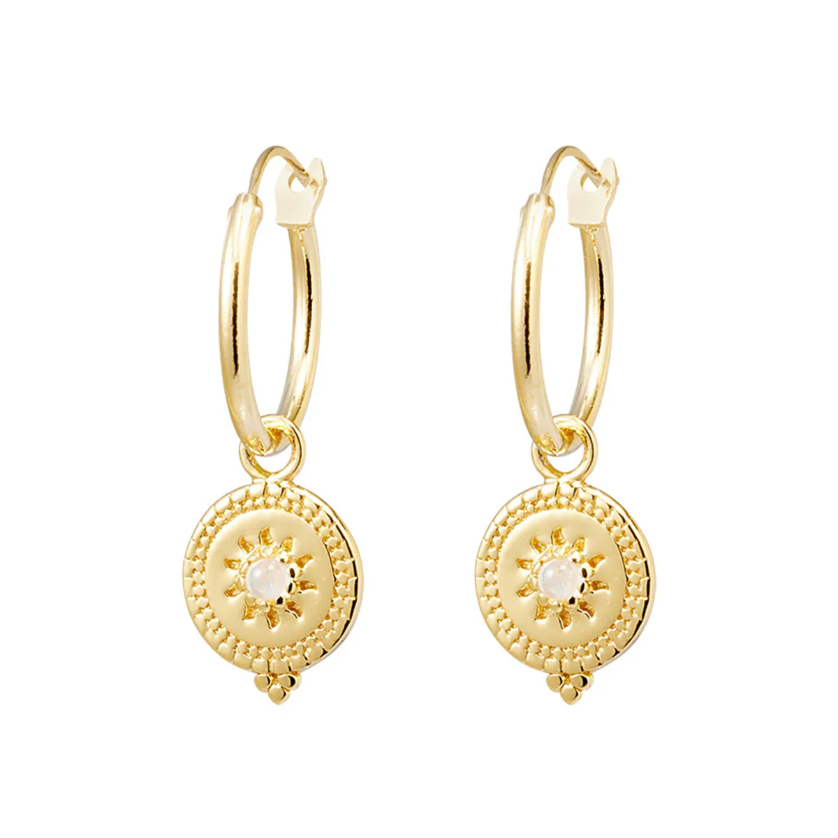Solstice Rainbow Moonstone Hoops Gold